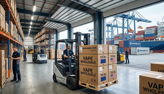esmovape.com warehouse with pallets of wholesale vape products ready for EU and US shipping, representing the global supply chain.