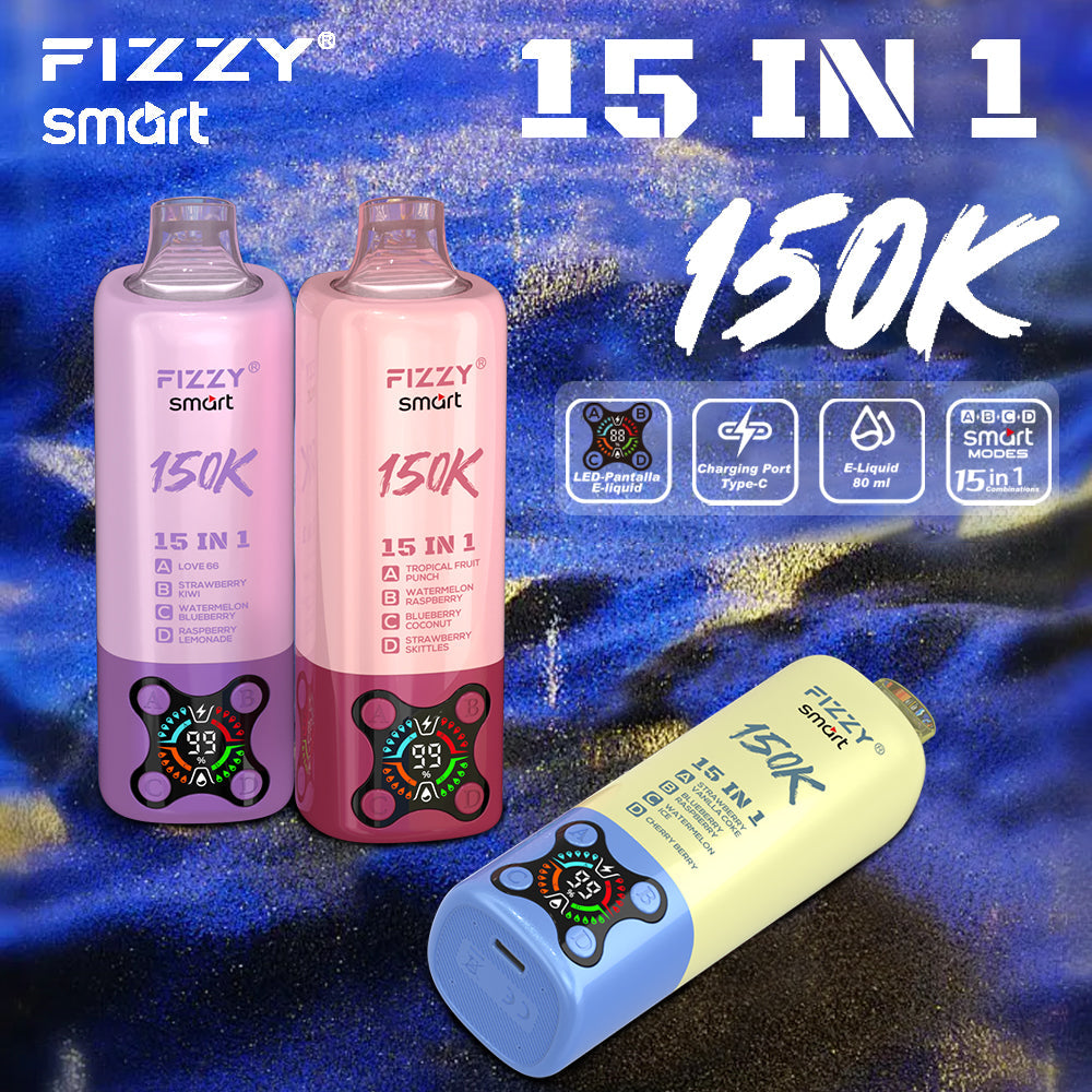 Fizzy Smart 15 in 1 disposable vape with 150k puffs and multi-flavor switching technology